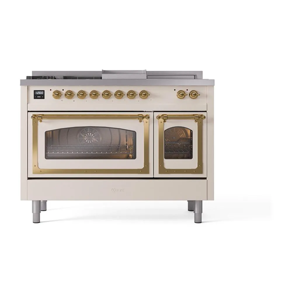 Ilve UN48FSNMPAWGLP Ilve Un48Fsnmpawglp Nostalgie Ii Noblesse 48" Dual Fuel Range (5 Sealed Burners   Griddle   French Top, Liquid Propane, Triple Glass Door, Antique White, Brass)