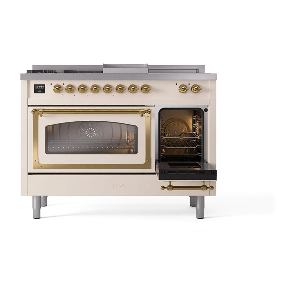 Ilve UN48FSNMPAWGLP Ilve Un48Fsnmpawglp Nostalgie Ii Noblesse 48" Dual Fuel Range (5 Sealed Burners   Griddle   French Top, Liquid Propane, Triple Glass Door, Antique White, Brass)
