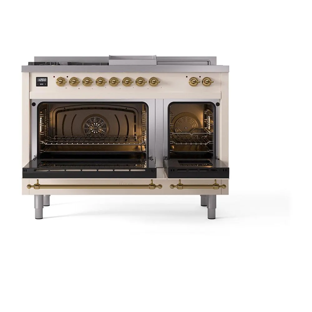 Ilve UN48FSNMPAWGLP Ilve Un48Fsnmpawglp Nostalgie Ii Noblesse 48" Dual Fuel Range (5 Sealed Burners   Griddle   French Top, Liquid Propane, Triple Glass Door, Antique White, Brass)