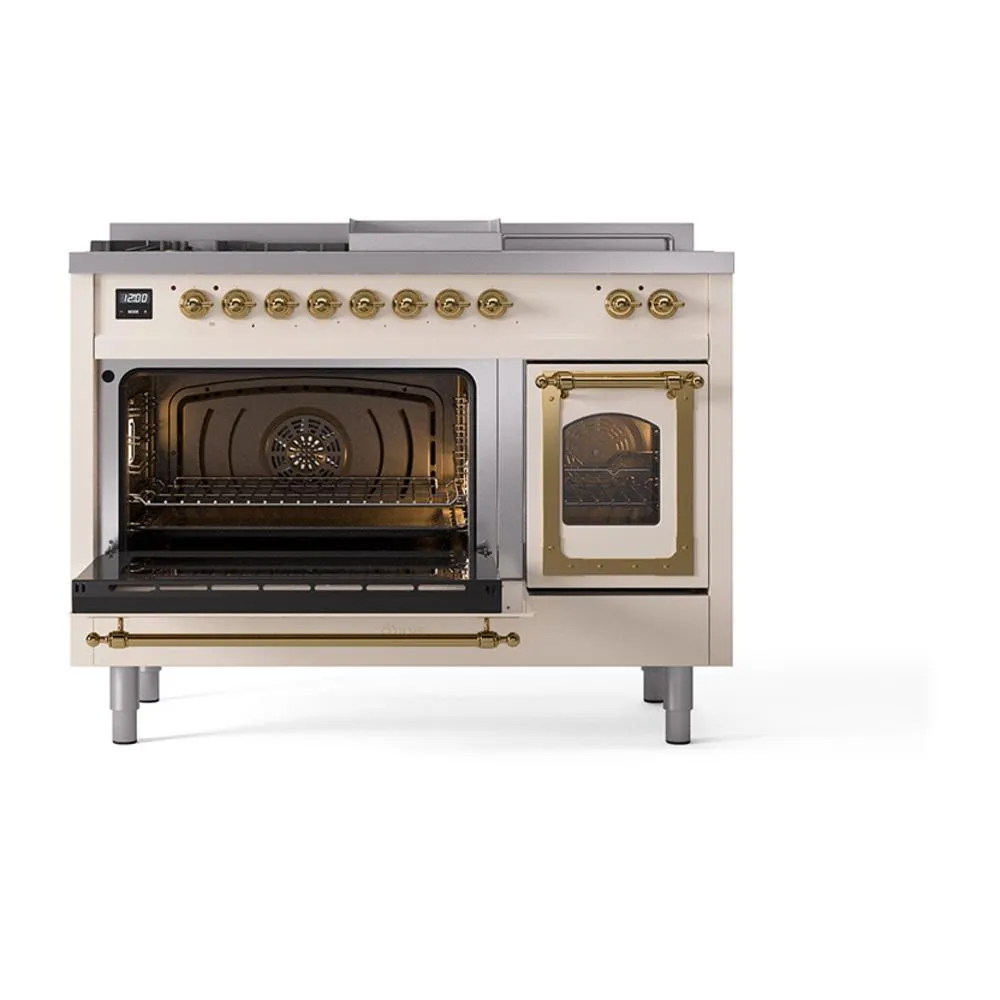 Ilve UN48FSNMPAWGLP Ilve Un48Fsnmpawglp Nostalgie Ii Noblesse 48" Dual Fuel Range (5 Sealed Burners   Griddle   French Top, Liquid Propane, Triple Glass Door, Antique White, Brass)
