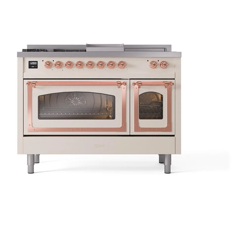 Ilve UN48FSNMPAWP Ilve Un48Fsnmpawp Nostalgie Ii Noblesse 48" Dual Fuel Range (5 Sealed Burners   Griddle   French Top, Natural Gas, Triple Glass Door, Antique White, Copper)