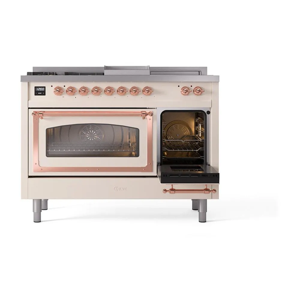 Ilve UN48FSNMPAWP Ilve Un48Fsnmpawp Nostalgie Ii Noblesse 48" Dual Fuel Range (5 Sealed Burners   Griddle   French Top, Natural Gas, Triple Glass Door, Antique White, Copper)