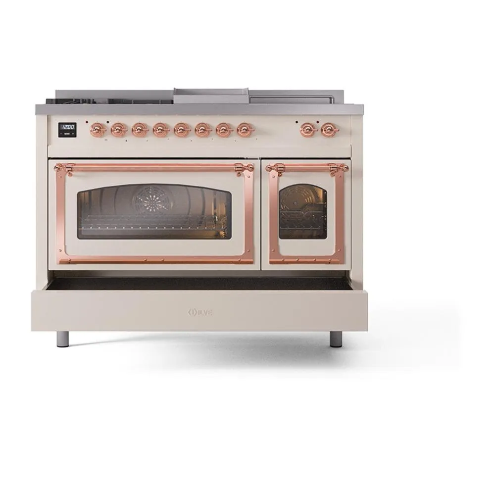 Ilve UN48FSNMPAWPLP Ilve Un48Fsnmpawplp Nostalgie Ii Noblesse 48" Dual Fuel Range (5 Sealed Burners   Griddle   French Top, Liquid Propane, Triple Glass Door, Antique White, Copper)