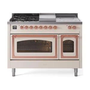 Ilve UN48FSNMPAWPLP Ilve Un48Fsnmpawplp Nostalgie Ii Noblesse 48" Dual Fuel Range (5 Sealed Burners   Griddle   French Top, Liquid Propane, Triple Glass Door, Antique White, Copper)