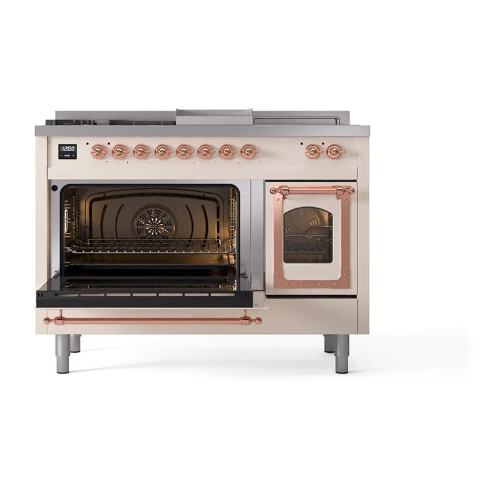 Ilve UN48FSNMPAWPLP Ilve Un48Fsnmpawplp Nostalgie Ii Noblesse 48" Dual Fuel Range (5 Sealed Burners   Griddle   French Top, Liquid Propane, Triple Glass Door, Antique White, Copper)