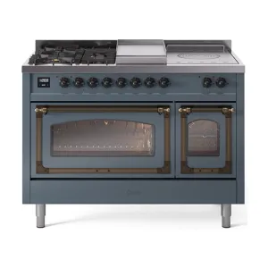 Ilve UN48FSNMPBGB Ilve Un48Fsnmpbgb Nostalgie Ii Noblesse 48" Dual Fuel Range (5 Sealed Burners   Griddle   French Top, Natural Gas, Triple Glass Door, Blue Grey, Burnished)