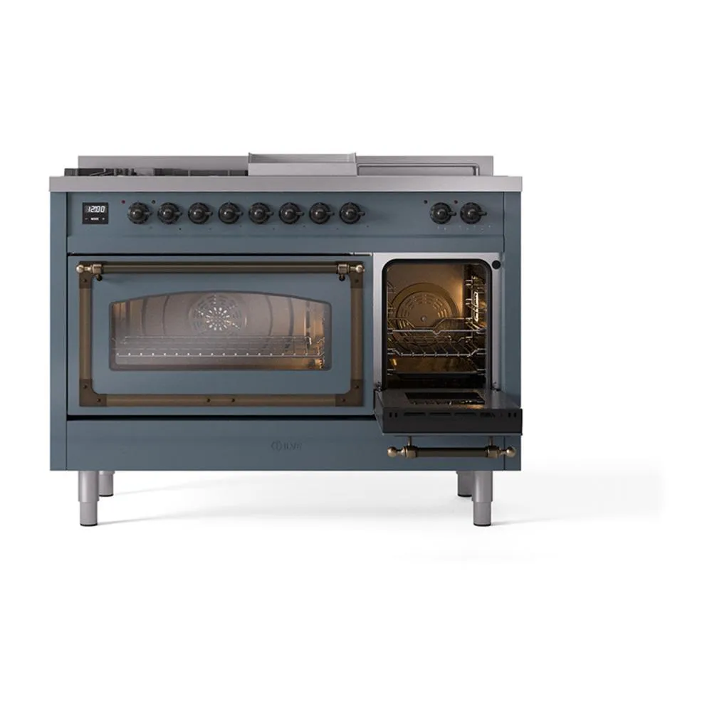 Ilve UN48FSNMPBGB Ilve Un48Fsnmpbgb Nostalgie Ii Noblesse 48" Dual Fuel Range (5 Sealed Burners   Griddle   French Top, Natural Gas, Triple Glass Door, Blue Grey, Burnished)