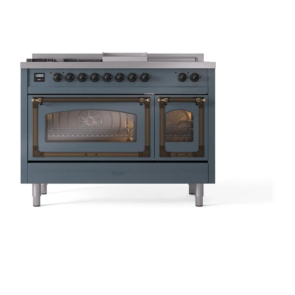 Ilve UN48FSNMPBGB Ilve Un48Fsnmpbgb Nostalgie Ii Noblesse 48" Dual Fuel Range (5 Sealed Burners   Griddle   French Top, Natural Gas, Triple Glass Door, Blue Grey, Burnished)