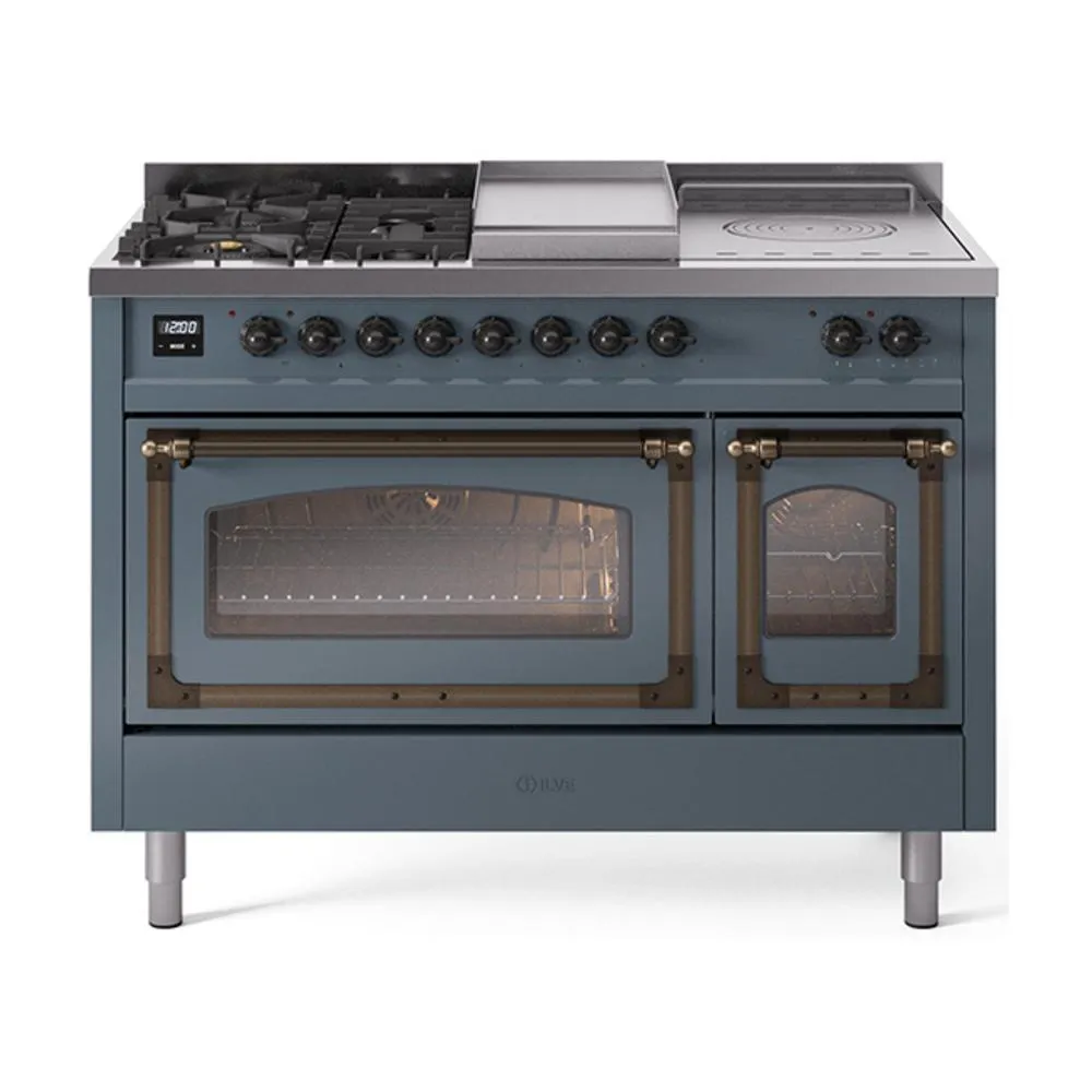 Ilve UN48FSNMPBGB Ilve Un48Fsnmpbgb Nostalgie Ii Noblesse 48" Dual Fuel Range (5 Sealed Burners   Griddle   French Top, Natural Gas, Triple Glass Door, Blue Grey, Burnished)
