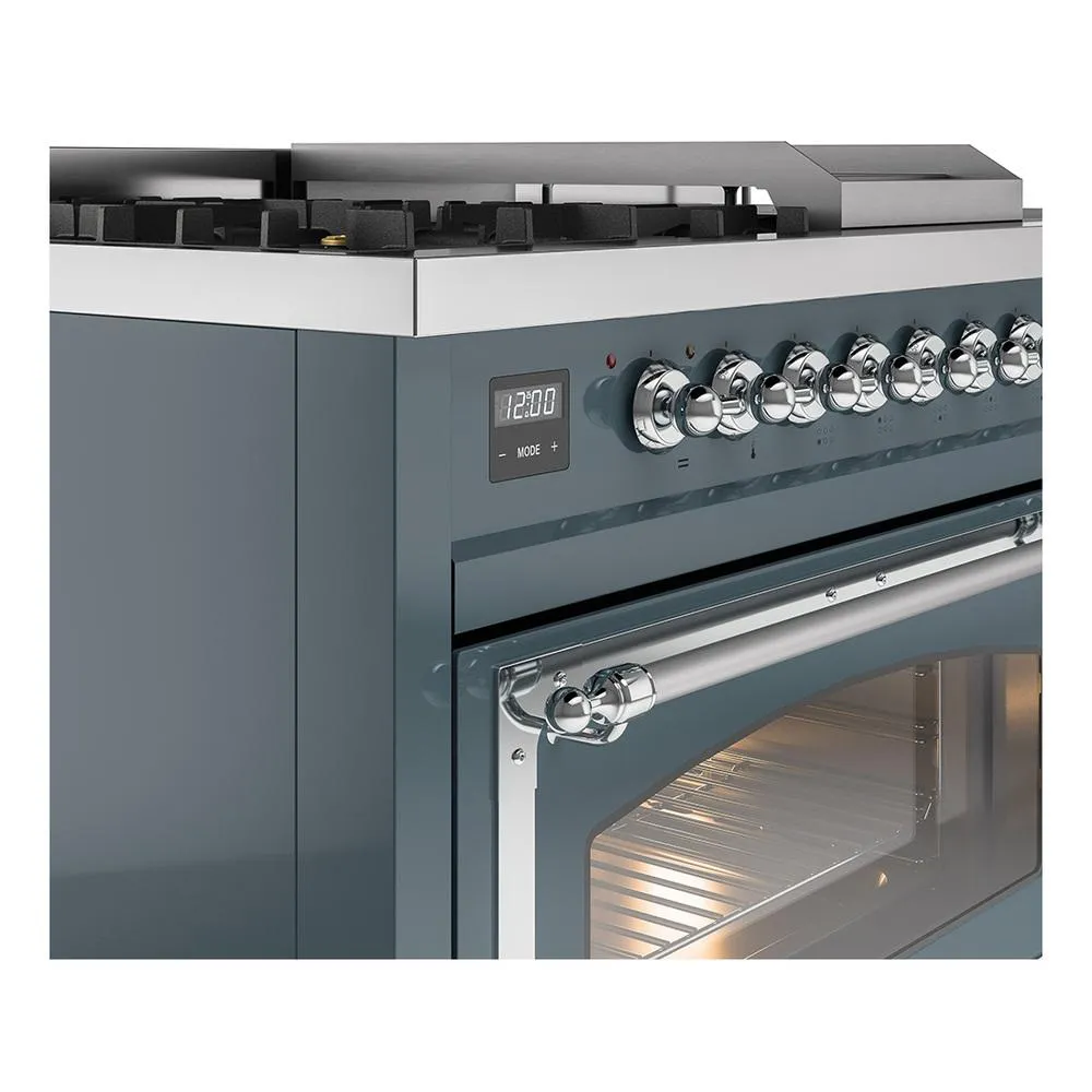 Ilve UN48FSNMPBGC Ilve Un48Fsnmpbgc Nostalgie Ii Noblesse 48" Dual Fuel Range (5 Sealed Burners   Griddle   French Top, Natural Gas, Triple Glass Door, Blue Grey, Chrome)