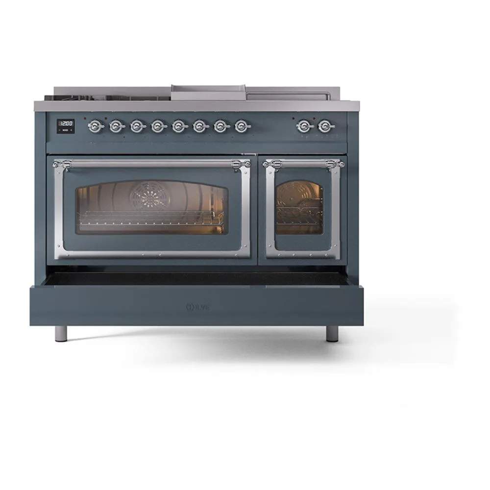 Ilve UN48FSNMPBGC Ilve Un48Fsnmpbgc Nostalgie Ii Noblesse 48" Dual Fuel Range (5 Sealed Burners   Griddle   French Top, Natural Gas, Triple Glass Door, Blue Grey, Chrome)