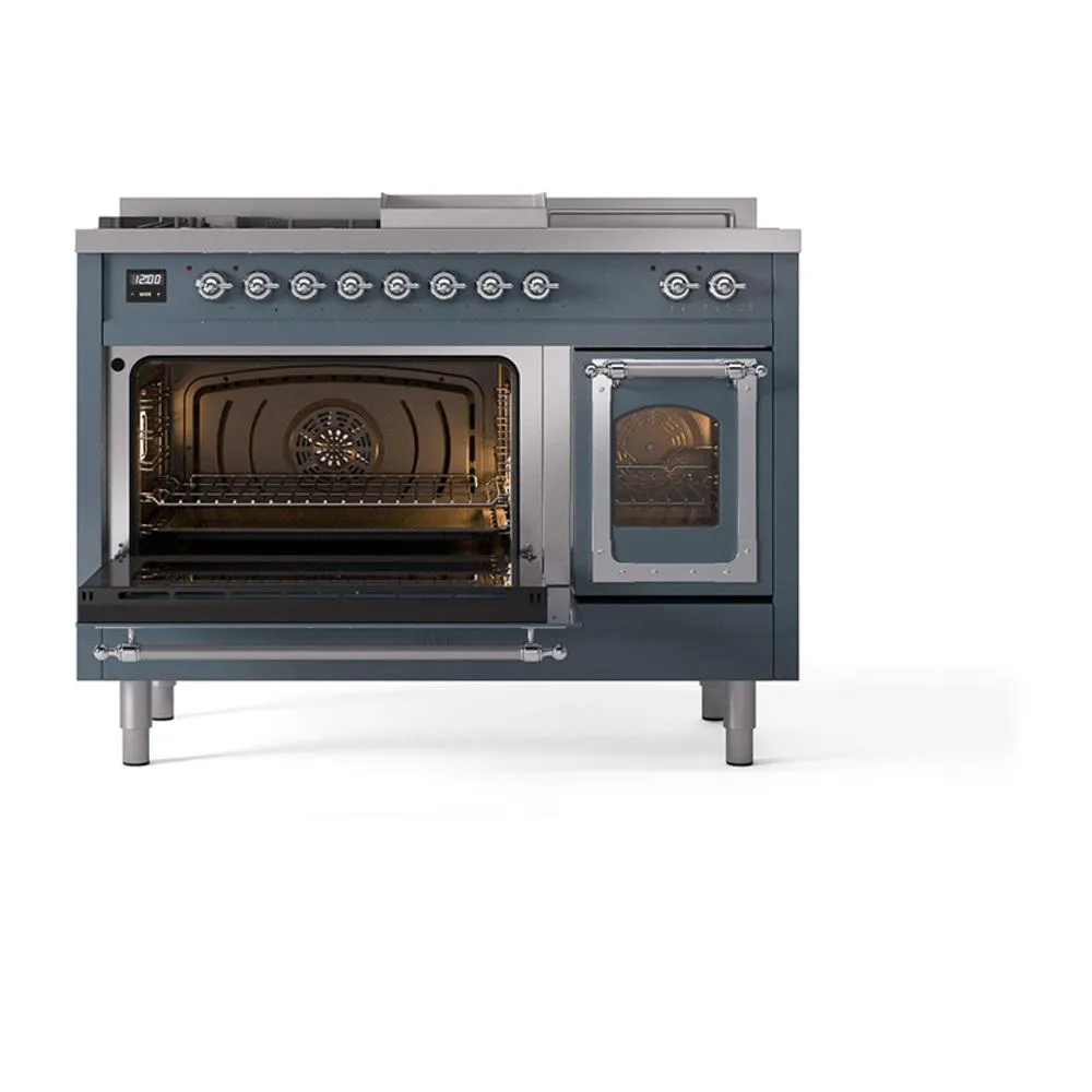 Ilve UN48FSNMPBGC Ilve Un48Fsnmpbgc Nostalgie Ii Noblesse 48" Dual Fuel Range (5 Sealed Burners   Griddle   French Top, Natural Gas, Triple Glass Door, Blue Grey, Chrome)