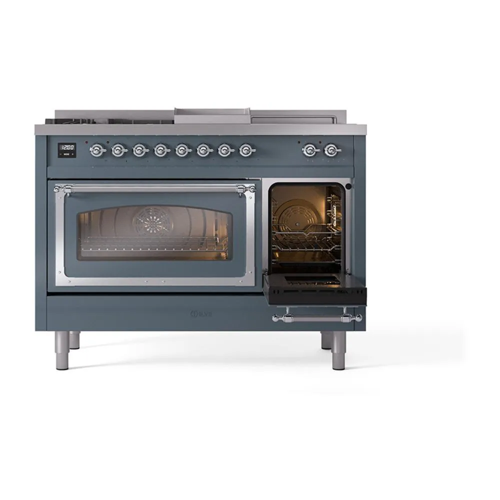 Ilve UN48FSNMPBGC Ilve Un48Fsnmpbgc Nostalgie Ii Noblesse 48" Dual Fuel Range (5 Sealed Burners   Griddle   French Top, Natural Gas, Triple Glass Door, Blue Grey, Chrome)
