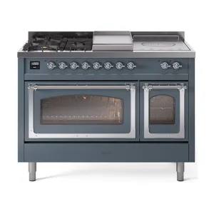 Ilve UN48FSNMPBGC Ilve Un48Fsnmpbgc Nostalgie Ii Noblesse 48" Dual Fuel Range (5 Sealed Burners   Griddle   French Top, Natural Gas, Triple Glass Door, Blue Grey, Chrome)