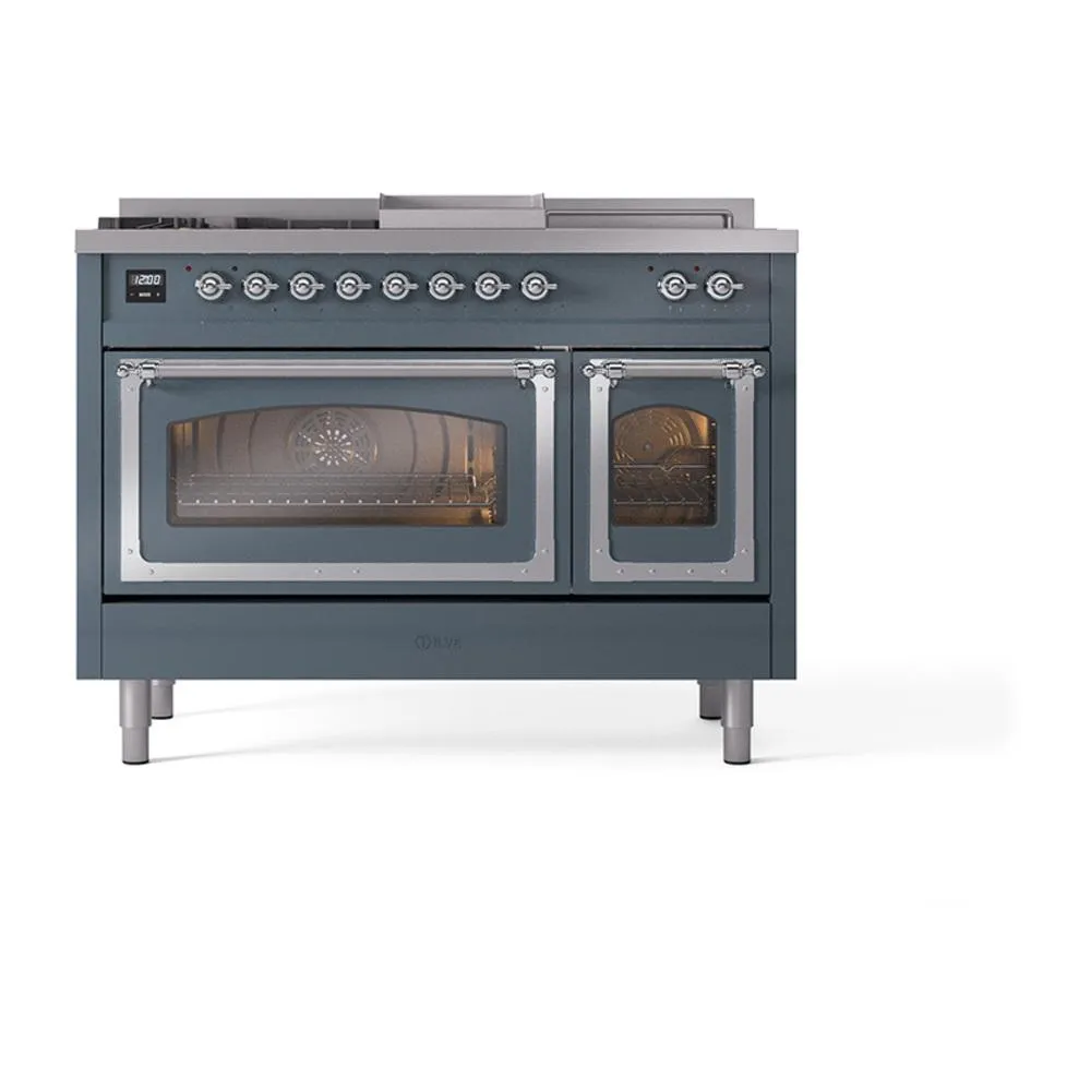 Ilve UN48FSNMPBGC Ilve Un48Fsnmpbgc Nostalgie Ii Noblesse 48" Dual Fuel Range (5 Sealed Burners   Griddle   French Top, Natural Gas, Triple Glass Door, Blue Grey, Chrome)
