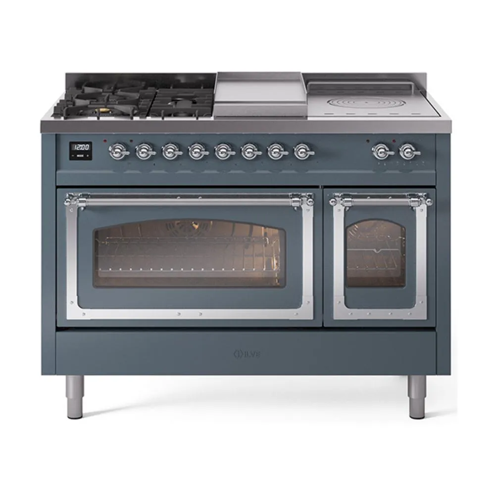 Ilve UN48FSNMPBGC Ilve Un48Fsnmpbgc Nostalgie Ii Noblesse 48" Dual Fuel Range (5 Sealed Burners   Griddle   French Top, Natural Gas, Triple Glass Door, Blue Grey, Chrome)