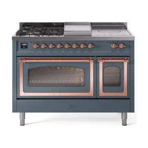 Ilve UN48FSNMPBGP Ilve Un48Fsnmpbgp Nostalgie Ii Noblesse 48" Dual Fuel Range (5 Sealed Burners   Griddle   French Top, Natural Gas, Triple Glass Door, Blue Grey, Copper)