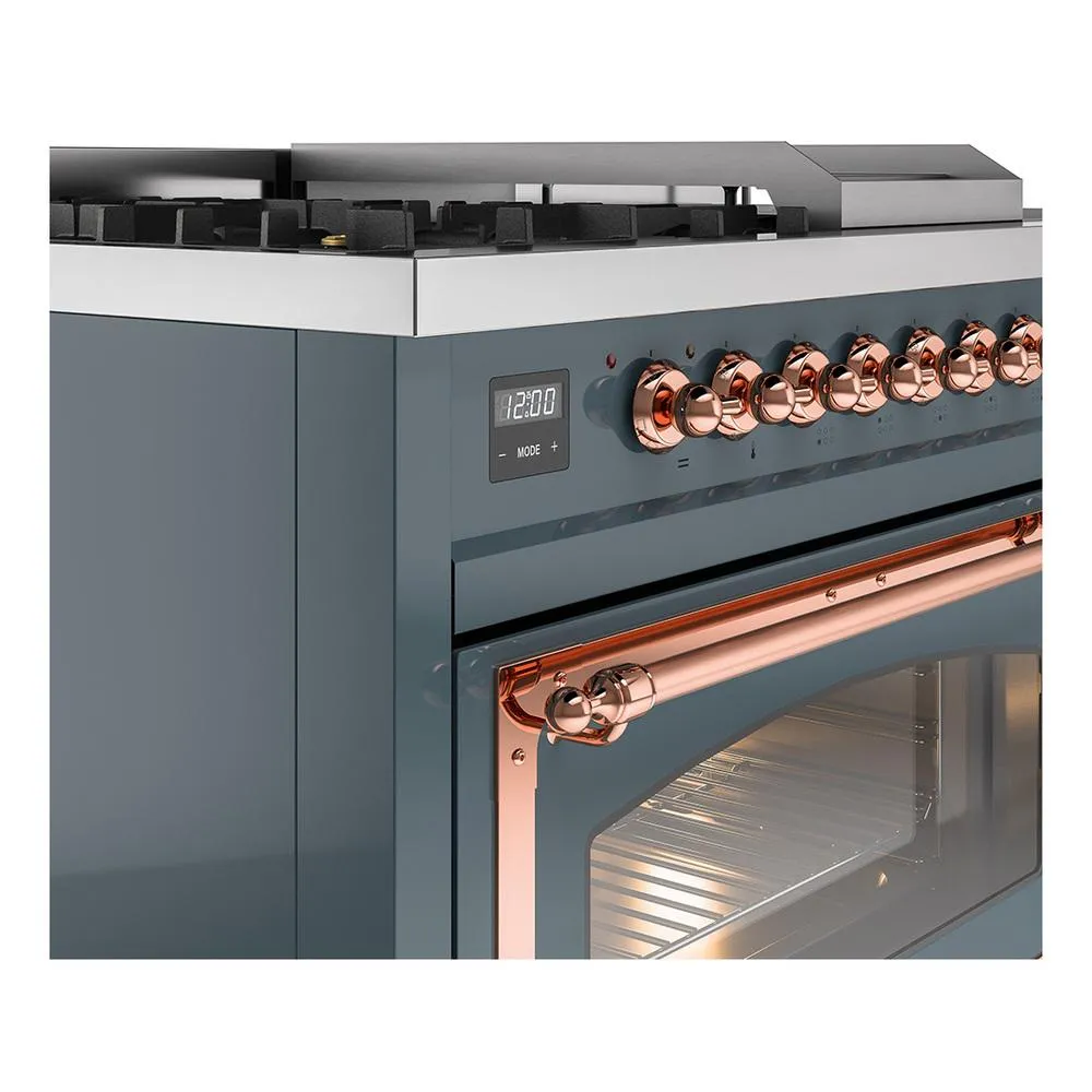 Ilve UN48FSNMPBGP Ilve Un48Fsnmpbgp Nostalgie Ii Noblesse 48" Dual Fuel Range (5 Sealed Burners   Griddle   French Top, Natural Gas, Triple Glass Door, Blue Grey, Copper)