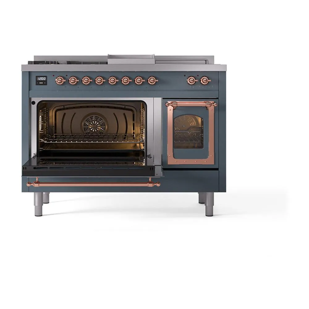 Ilve UN48FSNMPBGP Ilve Un48Fsnmpbgp Nostalgie Ii Noblesse 48" Dual Fuel Range (5 Sealed Burners   Griddle   French Top, Natural Gas, Triple Glass Door, Blue Grey, Copper)