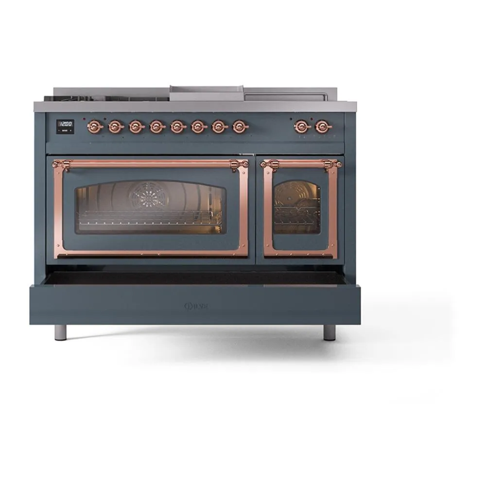Ilve UN48FSNMPBGPLP Ilve Un48Fsnmpbgplp Nostalgie Ii Noblesse 48" Dual Fuel Range (5 Sealed Burners   Griddle   French Top, Liquid Propane, Triple Glass Door, Blue Grey, Copper)