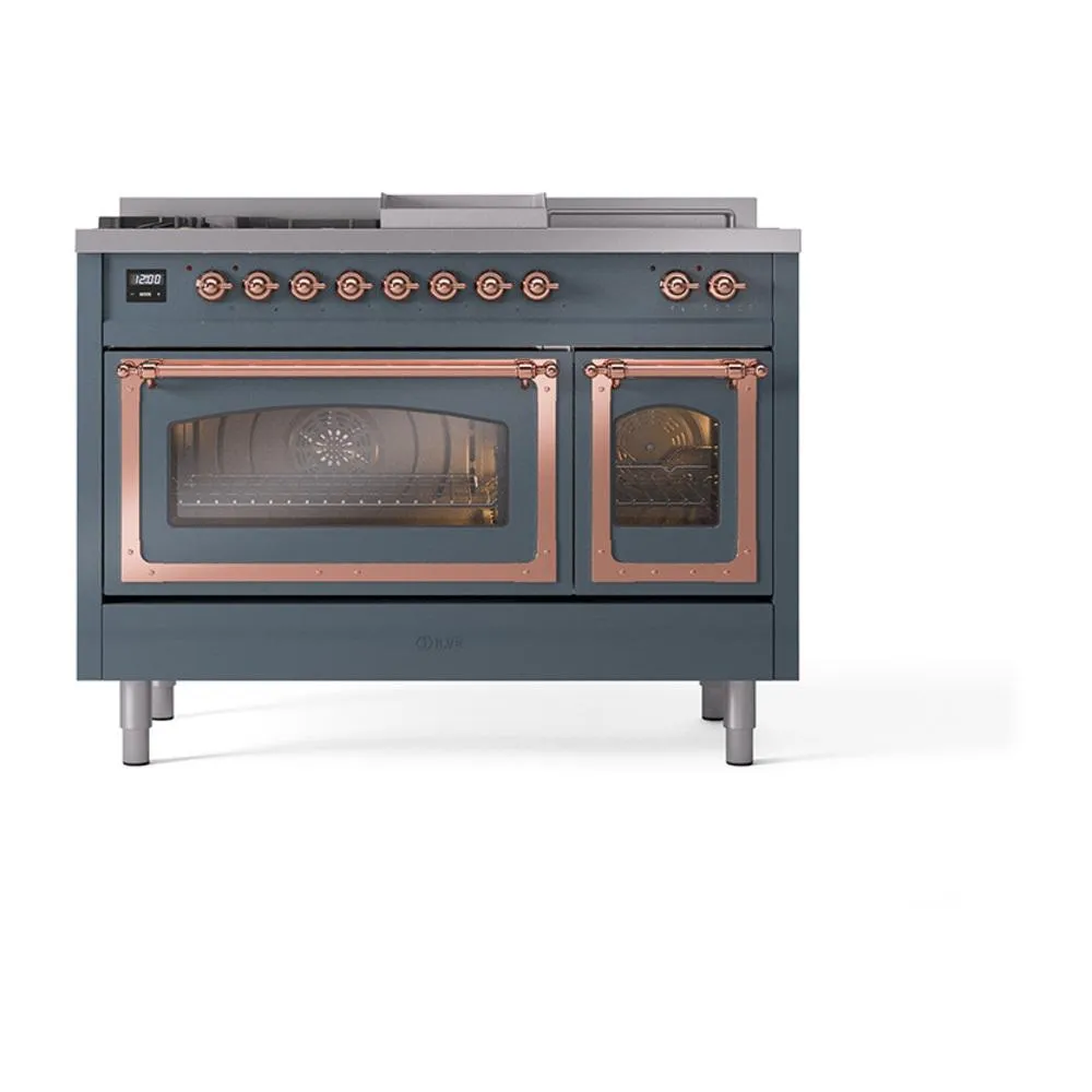 Ilve UN48FSNMPBGPLP Ilve Un48Fsnmpbgplp Nostalgie Ii Noblesse 48" Dual Fuel Range (5 Sealed Burners   Griddle   French Top, Liquid Propane, Triple Glass Door, Blue Grey, Copper)