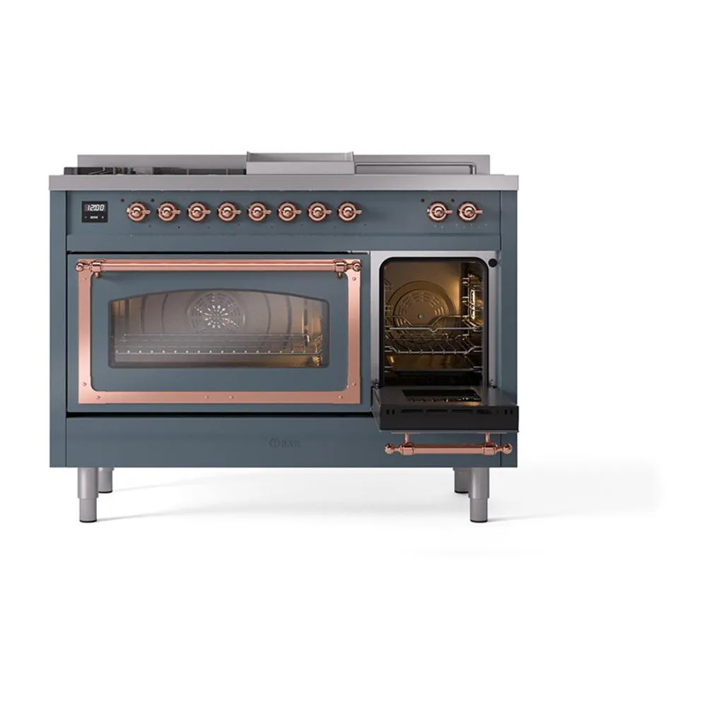 Ilve UN48FSNMPBGPLP Ilve Un48Fsnmpbgplp Nostalgie Ii Noblesse 48" Dual Fuel Range (5 Sealed Burners   Griddle   French Top, Liquid Propane, Triple Glass Door, Blue Grey, Copper)