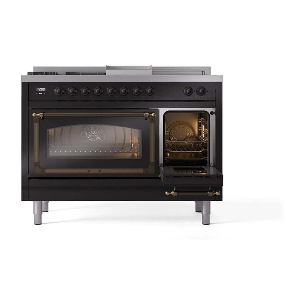Ilve UN48FSNMPBKBLP Ilve Un48Fsnmpbkblp Nostalgie Ii Noblesse 48" Dual Fuel Range (5 Sealed Burners   Griddle   French Top, Liquid Propane, Triple Glass Door, Glossy Black, Burnished)