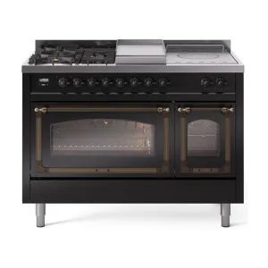 Ilve UN48FSNMPBKBLP Ilve Un48Fsnmpbkblp Nostalgie Ii Noblesse 48" Dual Fuel Range (5 Sealed Burners   Griddle   French Top, Liquid Propane, Triple Glass Door, Glossy Black, Burnished)