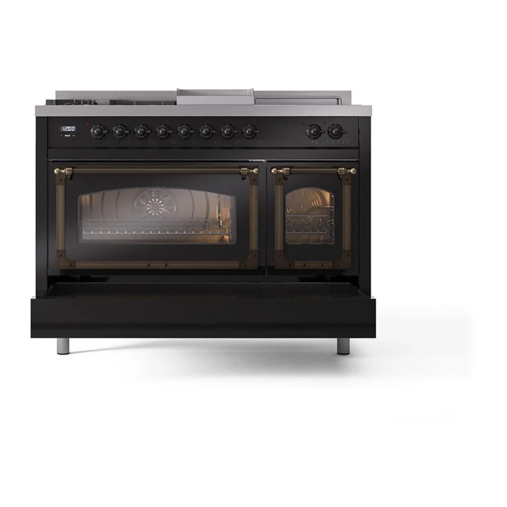 Ilve UN48FSNMPBKBLP Ilve Un48Fsnmpbkblp Nostalgie Ii Noblesse 48" Dual Fuel Range (5 Sealed Burners   Griddle   French Top, Liquid Propane, Triple Glass Door, Glossy Black, Burnished)