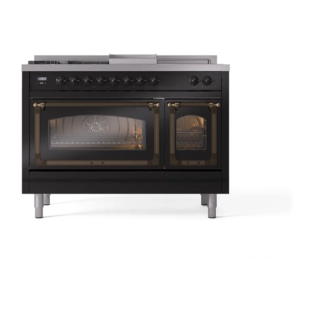 Ilve UN48FSNMPBKBLP Ilve Un48Fsnmpbkblp Nostalgie Ii Noblesse 48" Dual Fuel Range (5 Sealed Burners   Griddle   French Top, Liquid Propane, Triple Glass Door, Glossy Black, Burnished)