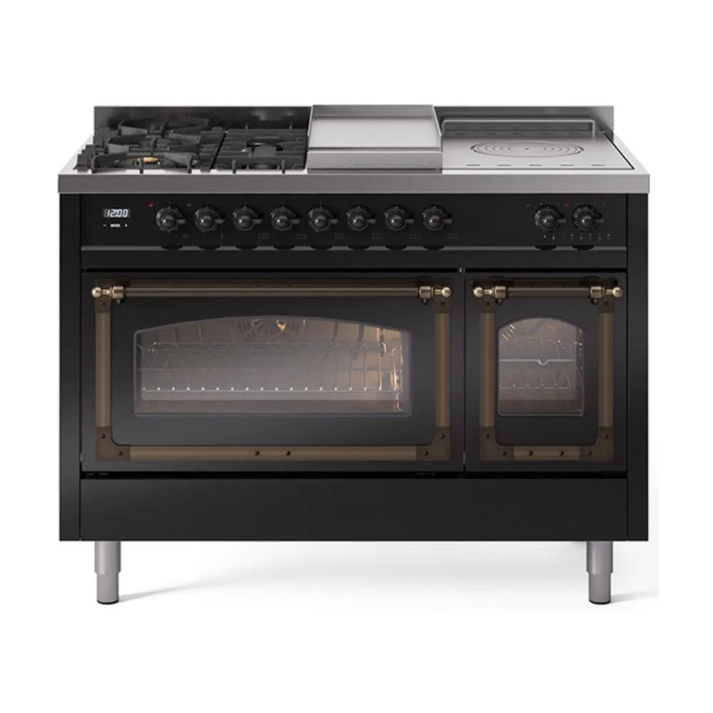 Ilve UN48FSNMPBKBLP Ilve Un48Fsnmpbkblp Nostalgie Ii Noblesse 48" Dual Fuel Range (5 Sealed Burners   Griddle   French Top, Liquid Propane, Triple Glass Door, Glossy Black, Burnished)