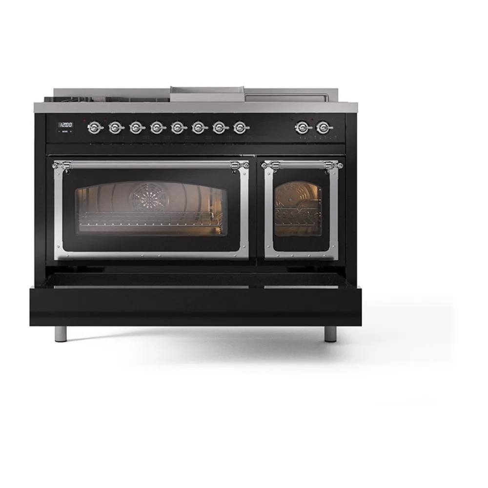 Ilve UN48FSNMPBKC Ilve Un48Fsnmpbkc Nostalgie Ii Noblesse 48" Dual Fuel Range (5 Sealed Burners   Griddle   French Top, Natural Gas, Triple Glass Door, Glossy Black, Chrome)