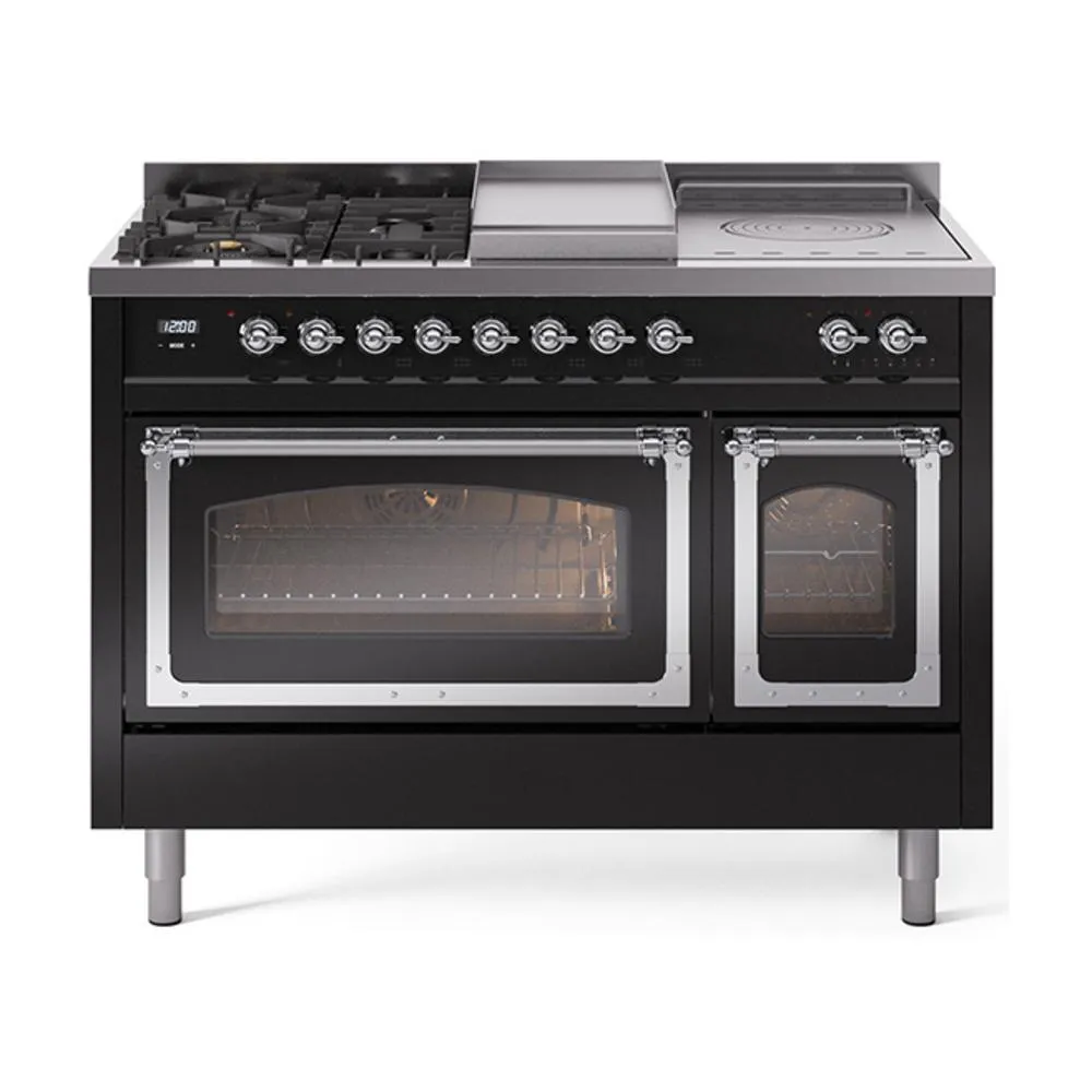 Ilve UN48FSNMPBKC Ilve Un48Fsnmpbkc Nostalgie Ii Noblesse 48" Dual Fuel Range (5 Sealed Burners   Griddle   French Top, Natural Gas, Triple Glass Door, Glossy Black, Chrome)
