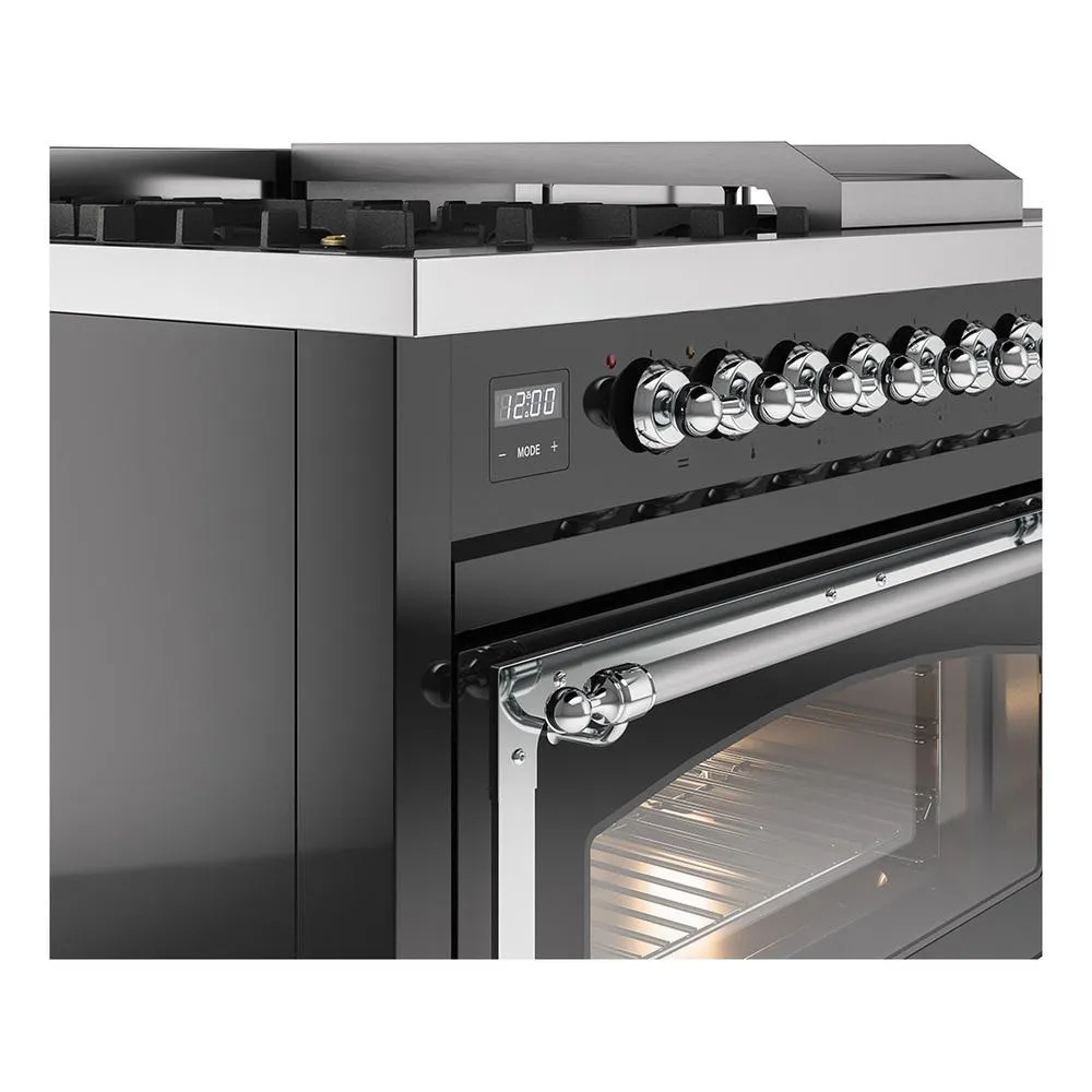 Ilve UN48FSNMPBKC Ilve Un48Fsnmpbkc Nostalgie Ii Noblesse 48" Dual Fuel Range (5 Sealed Burners   Griddle   French Top, Natural Gas, Triple Glass Door, Glossy Black, Chrome)