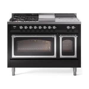 Ilve UN48FSNMPBKC Ilve Un48Fsnmpbkc Nostalgie Ii Noblesse 48" Dual Fuel Range (5 Sealed Burners   Griddle   French Top, Natural Gas, Triple Glass Door, Glossy Black, Chrome)