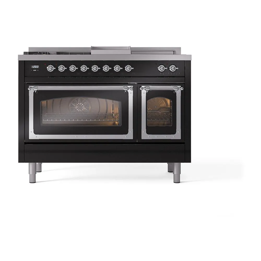 Ilve UN48FSNMPBKC Ilve Un48Fsnmpbkc Nostalgie Ii Noblesse 48" Dual Fuel Range (5 Sealed Burners   Griddle   French Top, Natural Gas, Triple Glass Door, Glossy Black, Chrome)