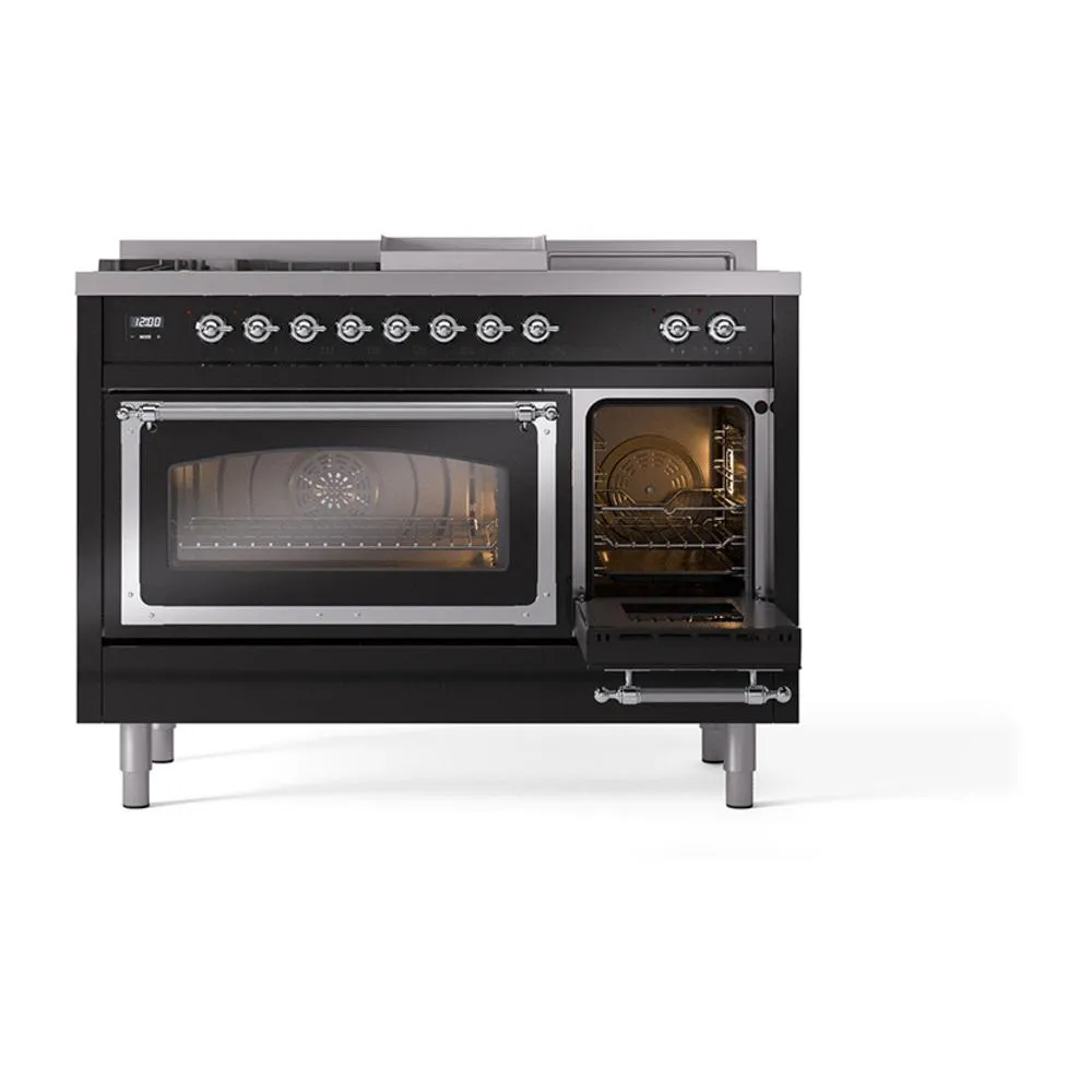 Ilve UN48FSNMPBKC Ilve Un48Fsnmpbkc Nostalgie Ii Noblesse 48" Dual Fuel Range (5 Sealed Burners   Griddle   French Top, Natural Gas, Triple Glass Door, Glossy Black, Chrome)