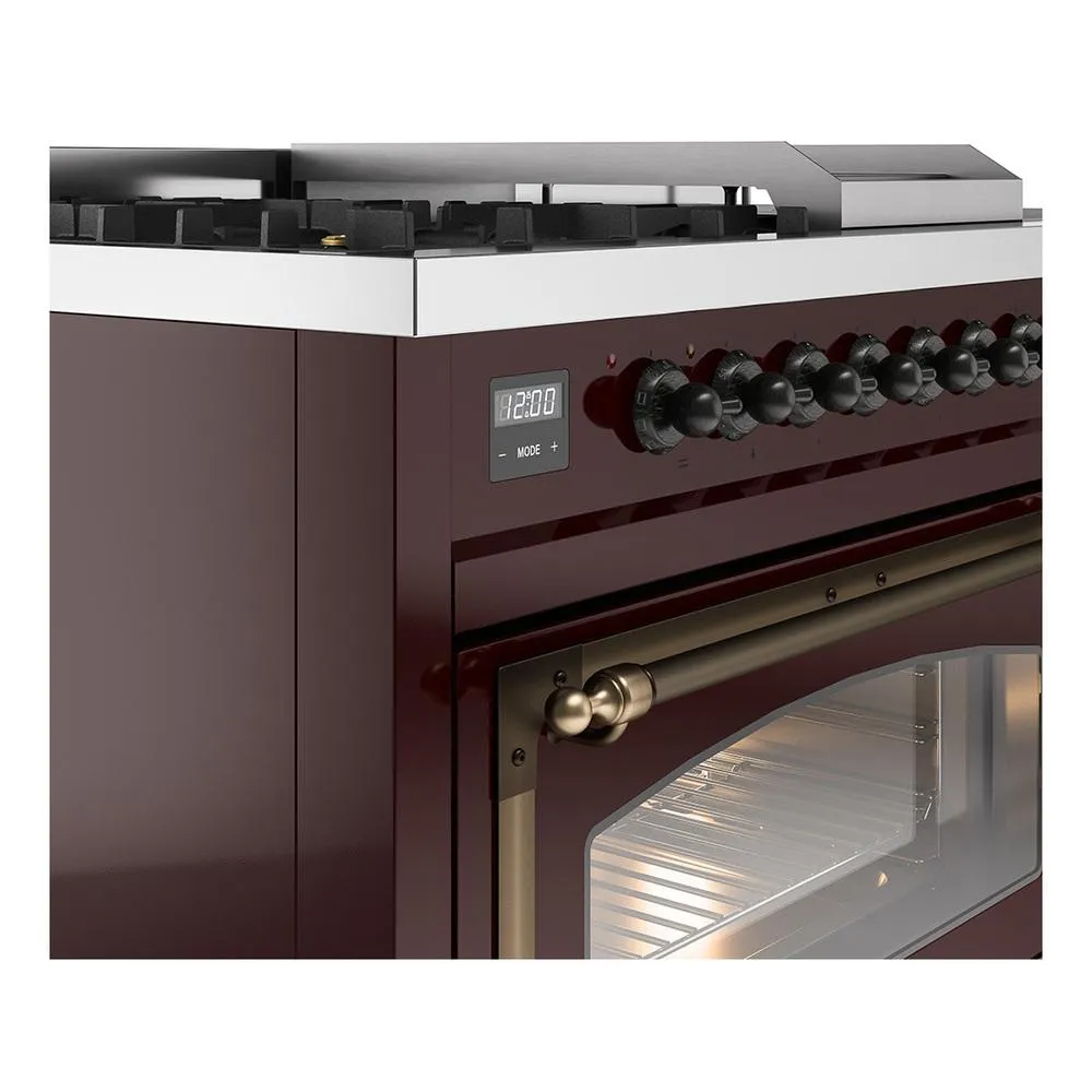 Ilve UN48FSNMPBUB Ilve Un48Fsnmpbub Nostalgie Ii Noblesse 48" Dual Fuel Range (5 Sealed Burners   Griddle   French Top, Natural Gas, Triple Glass Door, Burgundy, Burnished)