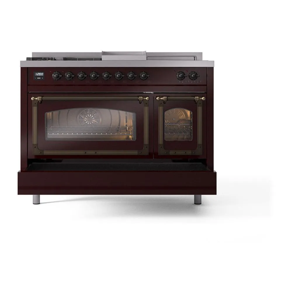 Ilve UN48FSNMPBUB Ilve Un48Fsnmpbub Nostalgie Ii Noblesse 48" Dual Fuel Range (5 Sealed Burners   Griddle   French Top, Natural Gas, Triple Glass Door, Burgundy, Burnished)