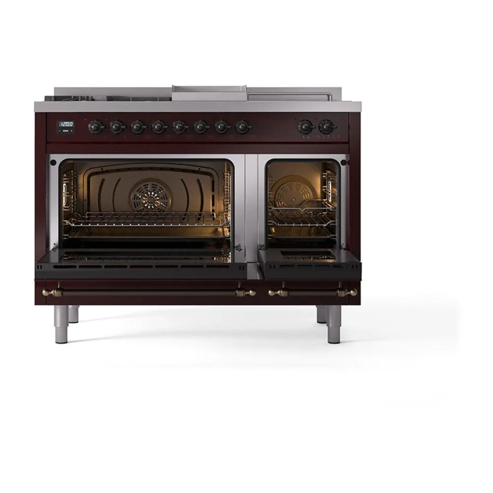 Ilve UN48FSNMPBUB Ilve Un48Fsnmpbub Nostalgie Ii Noblesse 48" Dual Fuel Range (5 Sealed Burners   Griddle   French Top, Natural Gas, Triple Glass Door, Burgundy, Burnished)