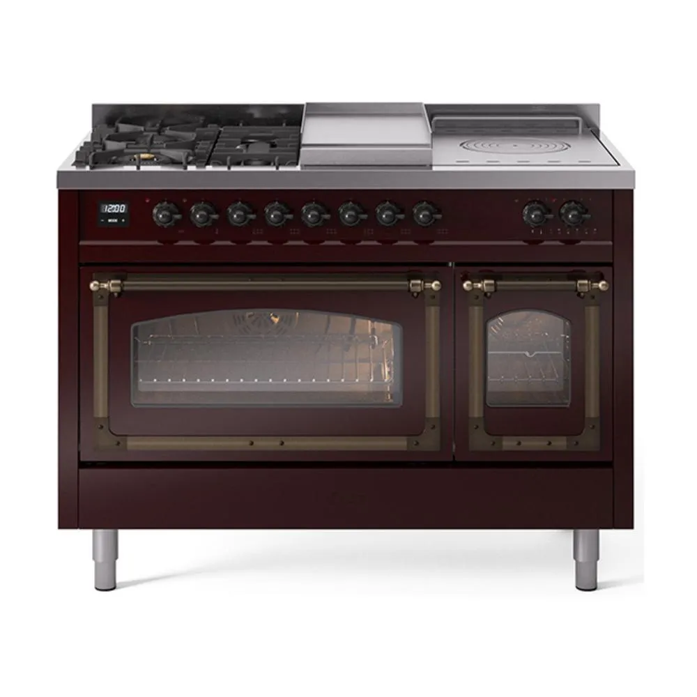 Ilve UN48FSNMPBUB Ilve Un48Fsnmpbub Nostalgie Ii Noblesse 48" Dual Fuel Range (5 Sealed Burners   Griddle   French Top, Natural Gas, Triple Glass Door, Burgundy, Burnished)