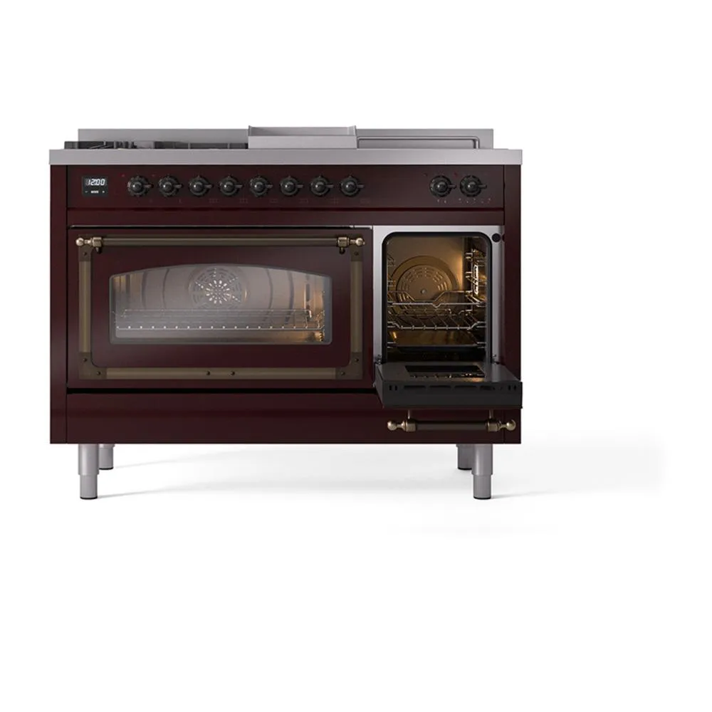 Ilve UN48FSNMPBUBLP Ilve Un48Fsnmpbublp Nostalgie Ii Noblesse 48" Dual Fuel Range (5 Sealed Burners   Griddle   French Top, Liquid Propane, Triple Glass Door, Burgundy, Burnished)