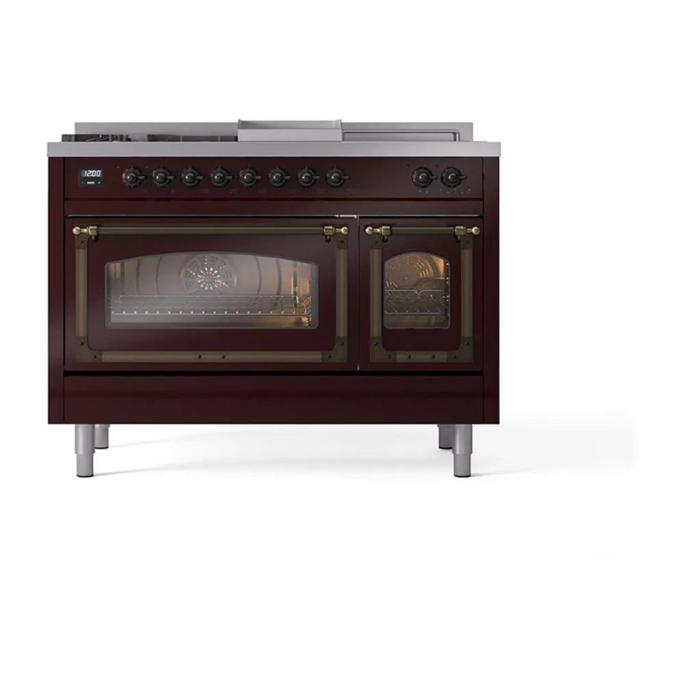Ilve UN48FSNMPBUBLP Ilve Un48Fsnmpbublp Nostalgie Ii Noblesse 48" Dual Fuel Range (5 Sealed Burners   Griddle   French Top, Liquid Propane, Triple Glass Door, Burgundy, Burnished)
