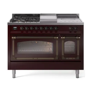 Ilve UN48FSNMPBUBLP Ilve Un48Fsnmpbublp Nostalgie Ii Noblesse 48" Dual Fuel Range (5 Sealed Burners   Griddle   French Top, Liquid Propane, Triple Glass Door, Burgundy, Burnished)