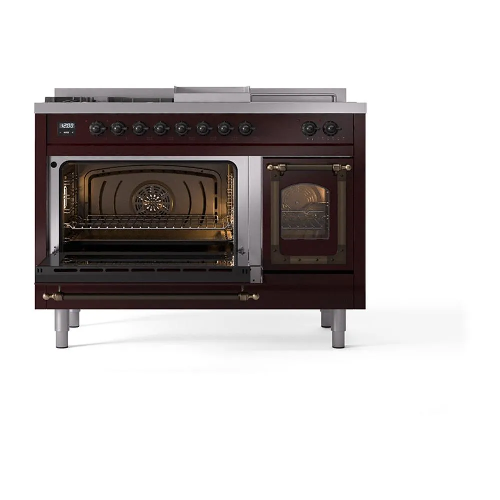 Ilve UN48FSNMPBUBLP Ilve Un48Fsnmpbublp Nostalgie Ii Noblesse 48" Dual Fuel Range (5 Sealed Burners   Griddle   French Top, Liquid Propane, Triple Glass Door, Burgundy, Burnished)