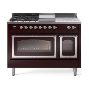 Ilve UN48FSNMPBUC Ilve Un48Fsnmpbuc Nostalgie Ii Noblesse 48" Dual Fuel Range (5 Sealed Burners   Griddle   French Top, Natural Gas, Triple Glass Door, Burgundy, Chrome)