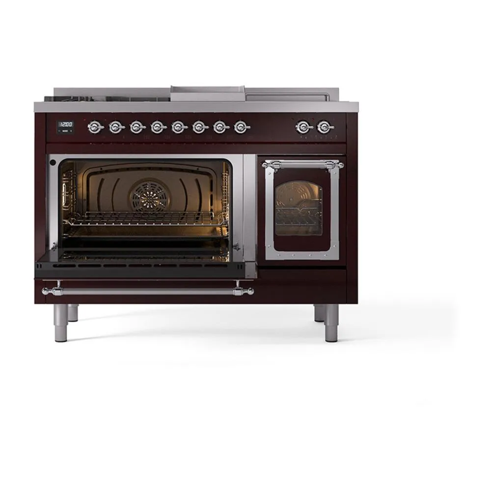 Ilve UN48FSNMPBUC Ilve Un48Fsnmpbuc Nostalgie Ii Noblesse 48" Dual Fuel Range (5 Sealed Burners   Griddle   French Top, Natural Gas, Triple Glass Door, Burgundy, Chrome)