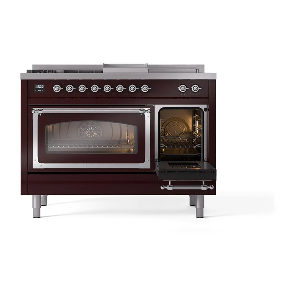 Ilve UN48FSNMPBUC Ilve Un48Fsnmpbuc Nostalgie Ii Noblesse 48" Dual Fuel Range (5 Sealed Burners   Griddle   French Top, Natural Gas, Triple Glass Door, Burgundy, Chrome)