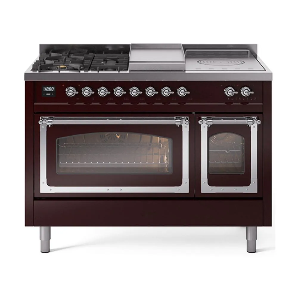 Ilve UN48FSNMPBUC Ilve Un48Fsnmpbuc Nostalgie Ii Noblesse 48" Dual Fuel Range (5 Sealed Burners   Griddle   French Top, Natural Gas, Triple Glass Door, Burgundy, Chrome)