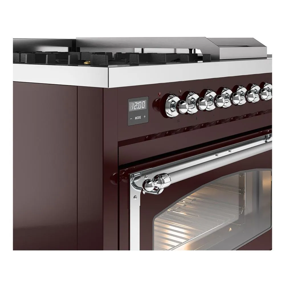 Ilve UN48FSNMPBUC Ilve Un48Fsnmpbuc Nostalgie Ii Noblesse 48" Dual Fuel Range (5 Sealed Burners   Griddle   French Top, Natural Gas, Triple Glass Door, Burgundy, Chrome)